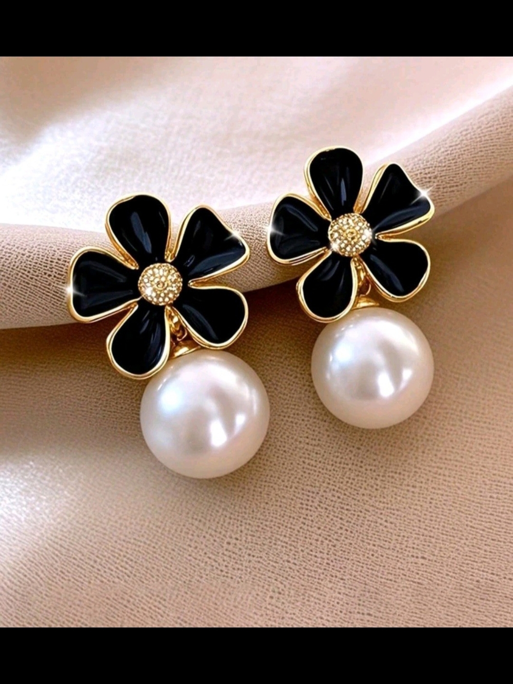 Elegant Gold Tone Floral Black White Enamel Faux Pearl Drop Earrings  New!